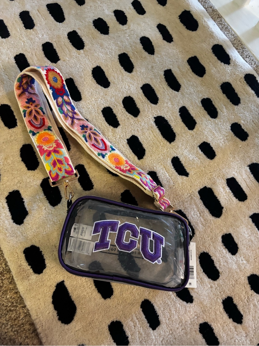 TCU Clear Mini Crossbody Bag with Floral Strap - Purple Trim